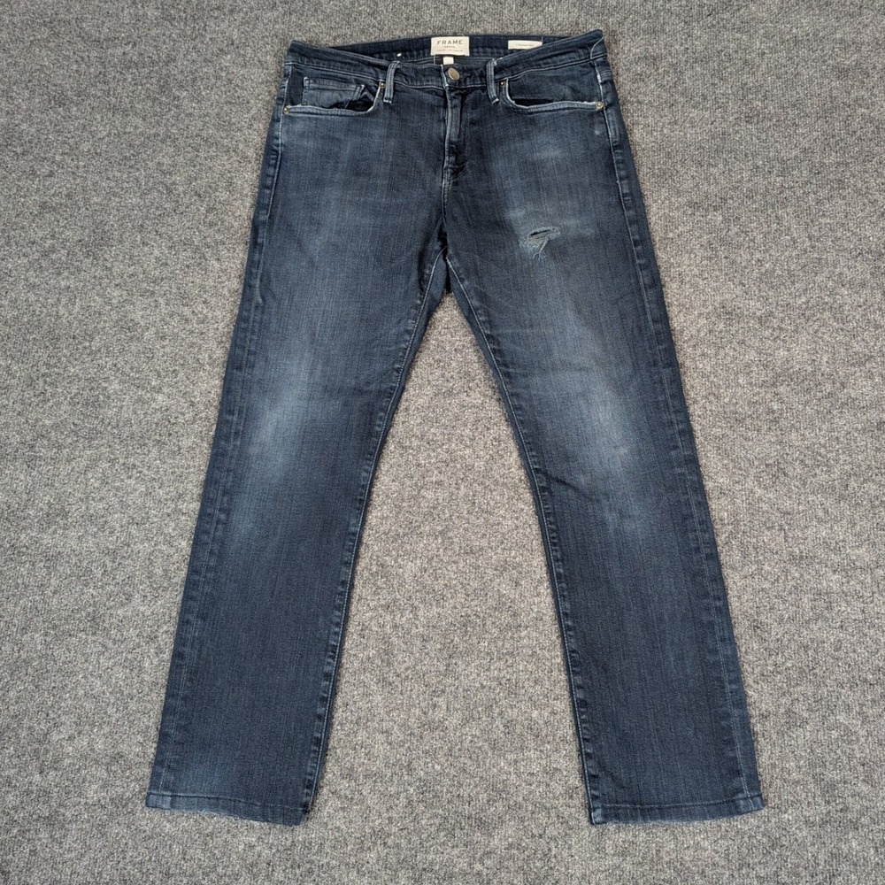 FRAME Denim L'Homme Casual Wear Slim Mens Jeans 32 Dark Wash Distressed Blue